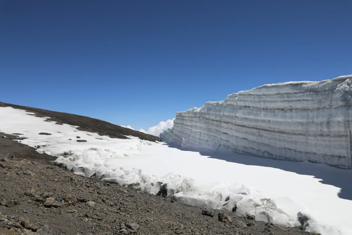 Glacier ice beside a high-altitude trail